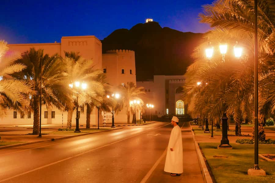 Muscat: Evening Guided City Highlights Tour by Van - Sultan Qaboos Grand Mosque outside: the glow you came for